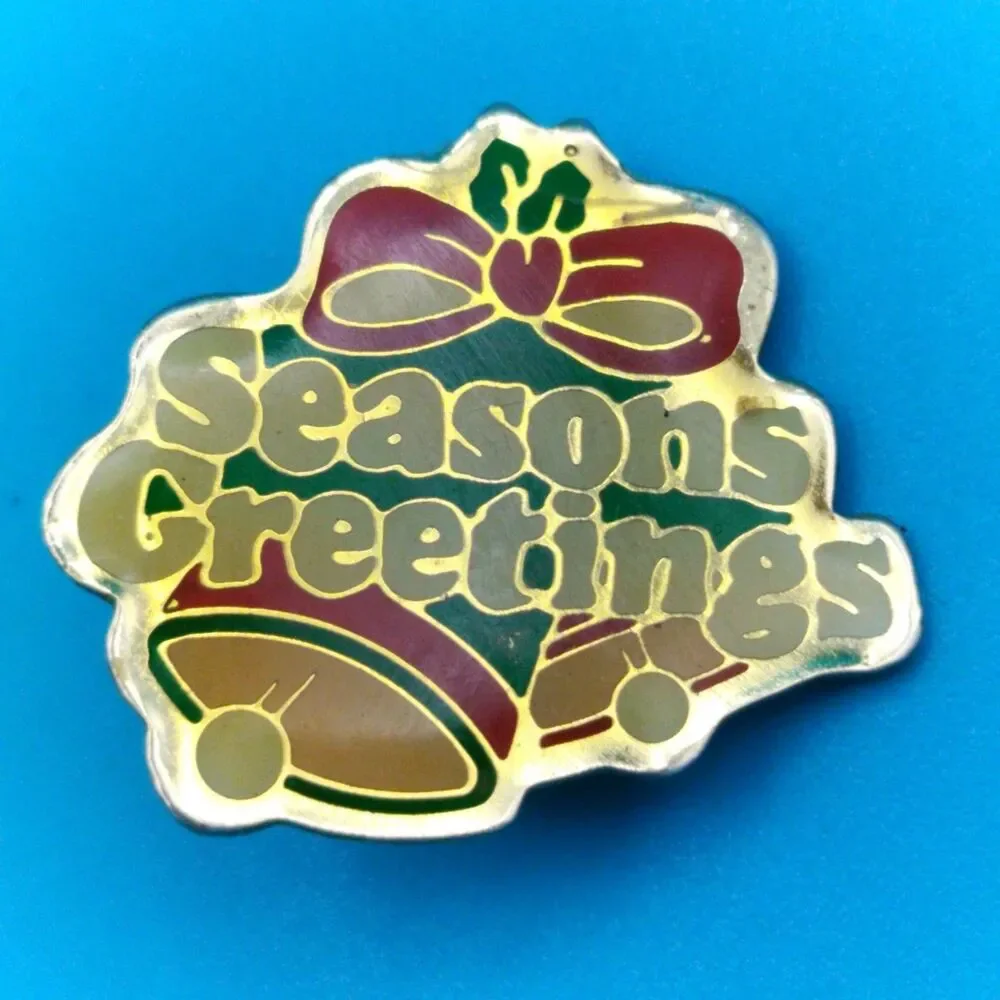 Vintage Seasons Greetings Holiday Christmas Pin Brooch Bells Bow Gold Tone